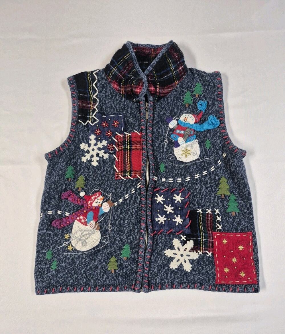 VTG Ugly Christmas Sweater Vest Womens Small Blue Patchwork Snowman Zip